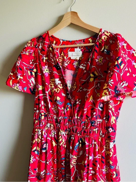 Anthropologie Maeve Somerset Maxi Dress M in Red Geo Floral Print Cotton Dress - Picture 3 of 11